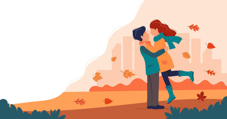 Loving couple in autumn. Vector illustration in flat style