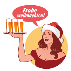 Beautiful girl wearing a Santa Claus hat, holding a tray with beers, saying 