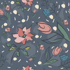 Cute Seamless background with plants, flowers  and leaves. Vector Illustration