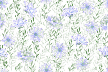 Floral seamless pattern with light blue flowers and green branches on a white background. For textile, wallpaper, print, greetings. Vector illustration.