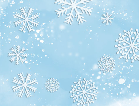 Snowflakes on light blue watercolor design for winter with text space. Abstract background, greeting card for christmas and holiday in winter.