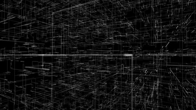 3D futuristic background of endless white connected short lines, eternity of space. Animation. Rotation of the white abstract narrow tubes on black background.