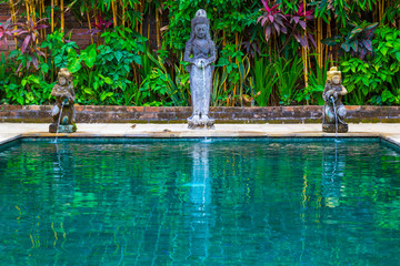 beautiful swimming pool in tropical resort on bright summer day.