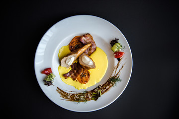 Dish in a white plate on a black background