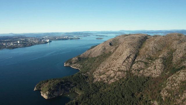 Aerial View on Grandsfjord Norway With Mountainous Hill and Coastal City. Dalsnuten, Sandnes, Rogaland