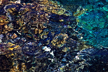 Naklejka na ściany i meble Abstract background of reflective water surface with rocks, corals and fish below