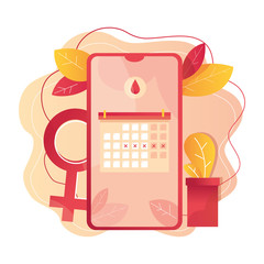 Modern vector illustration of smartphone with menstruation cycle calendar.