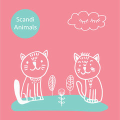 Vector adorable cat in trendy Scandinavian style. Funny, cute, hugge, hand drawn illustration for poster, banner, print, decoration kids playroom or greeting card.