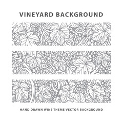 Vineyard. Vineyard engraving style drawing background and pattern. Grape, vine and leafs hand drawn vector illustration. Part of set.
