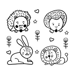 Vector set of adorable animals in trendy Scandinavian style. Funny, cute, hugge, hand drawn illustration for poster, banner, print, decoration kids playroom or greeting card.