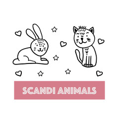 Vector set of adorable animals in trendy Scandinavian style. Funny, cute, hugge, hand drawn illustration for poster, banner, print, decoration kids playroom or greeting card.