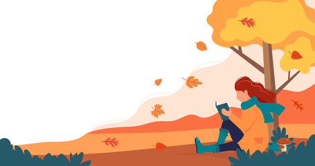 Woman sitting with book under the tree in autumn. Vector illustration in flat style