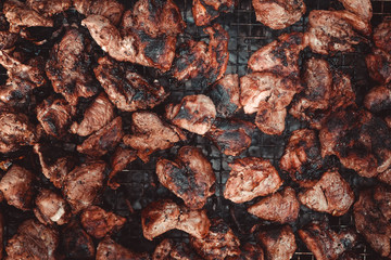 Pieces of fried meat, fried meat background,  Flatlay
