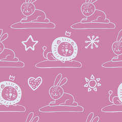 Cute animals nordic trandy pattern with heart for decoration interior, print posters, greating card, bussines banner, wrapping in modern scandinavian style in vector. Pastel color.