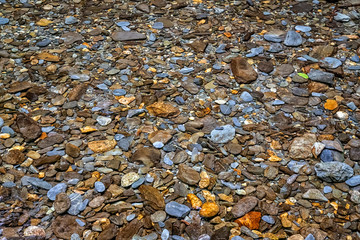 Many colorful stones at calm transparent water. Beautiful stones background