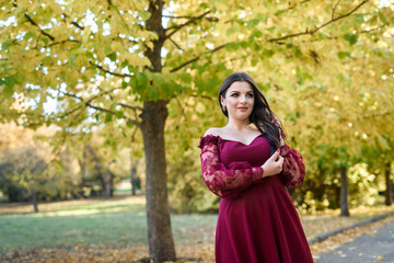 Obraz na płótnie Canvas Young princess in a beautiful red dress in park. The background is bright, golden autumn nature.