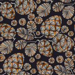 Gold foil hand drown pine cones seamless pattern