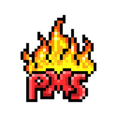 Burning PMS (Premenstrual syndrome) text on fire, 8 bit pixel art icon isolated on white background. Negative pre-period symptoms sign. Woman's health care print. Symbol of emotional&physical problems