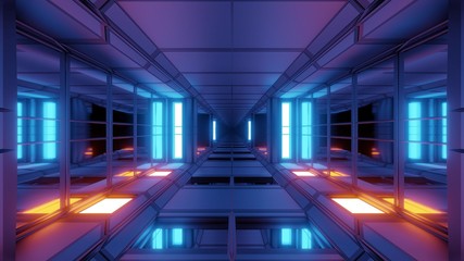 futuristic sci-fi hangar tunnel corridor with glass windows 3d illustration wallpaper background