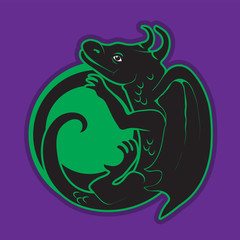 Black dragon silhouette isolated on purple background. Vector image.