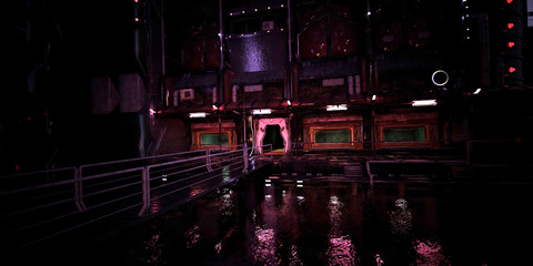 Obraz premium Futuristic city at night. Gloomy cityscape in a cyberpunk style. Bright neon lights reflecting in a water. 3D illustration.