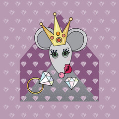 Rat character vector illustration. Mouse with lips and diamonds. Hand drawn cartoon animal woman in crown.