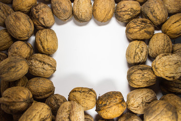 Frame of walnuts on white background
