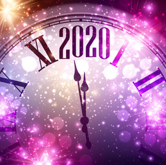 2020 new year square background with clock and fireworks.