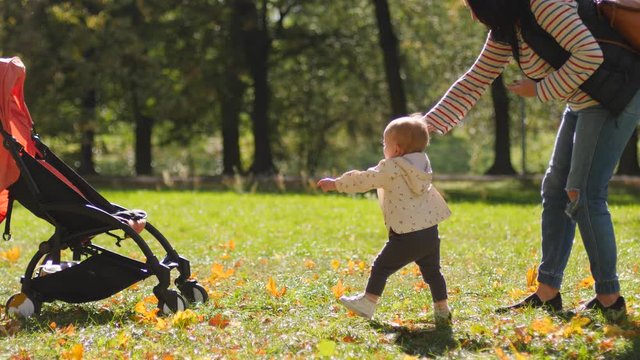 Child baby toddler try walks first steps in park towards stroller to climb on it