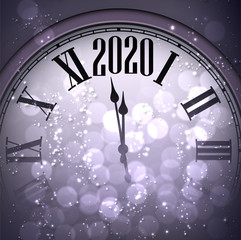 Fototapeta na wymiar Purple shiny Happy New Year 2020 card with clock and lights.
