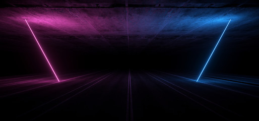 Asphalt Road Sci Fi Futuristic Neon Glowing Laser Show Tunnel Corridor Underground Garage Warehouse Triangle Shape Purple Blue 3D Rendering © IM_VISUALS