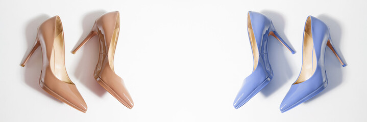 Woman Shoes Banner. High heels closeup. Top view. Women fashion. Ladies accessories. Girly casual formal shoe isolated white background. Footwear on floor. Copy space, mockup. flat lay Selective focus