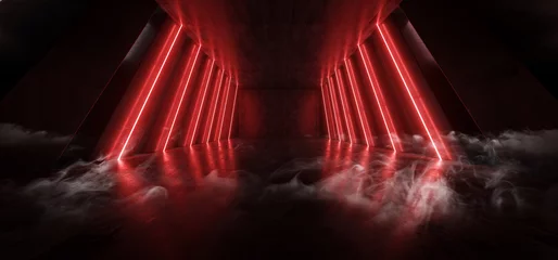 Foto op Plexiglas Orange Red Glowing Pylons Cement Concrete Hallway Tunnel Corridor Dark Underground Garage Gallery Stage Sci Fi Futuristic Modern Background 3D Rendering © IM_VISUALS