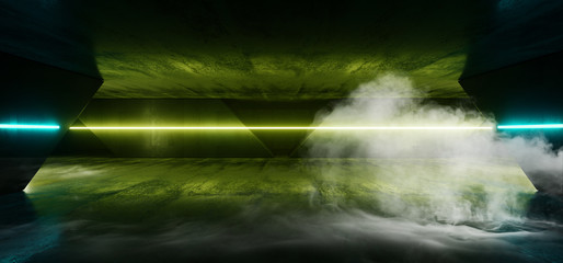 Smoke Fog Steam Laser Line Neon Green Blue Glowing On Concrete Cement Walls Floor Garage Stage Underground Dark Night 3D Rendering