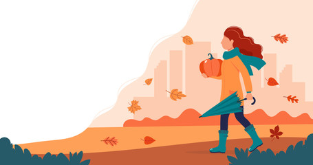Girl with a pumpkin in autumn. Cute vector illustration in flat style.
