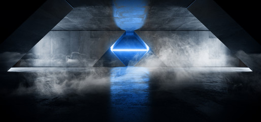 Smoke Fog Triangle Alien Concrete Grunge Sci Fi Futuristic Blue Glowing Neon Laser Light Empty Space Hall Garage Underground 3D Rendering