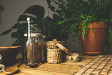 Zero waste concept. Reusable household items (cans, plates, bags). Environmental movement to reduce plastic waste