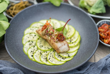Fried Cod Fish with Sliced Courgette and Fresh Vegetable Salsa