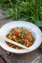 Singapore-Style Noodles. Stir-Fried Rice Vermicelli Seasoned with Scrambled Eggs, Prawns and Vegetables