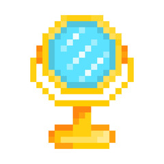 Fototapeta premium Golden round makeup mirror, pixel art icon isolated on white background. 8 bit girl's room accessory symbol. Old school vintage retro 80s, 90s slot machine/video game graphics. Dressing table object.