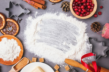 Obraz na płótnie Canvas Ingredients for Christmas bakery arranged into a frame.