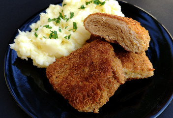 Soy schnitzel and mashed potatoes