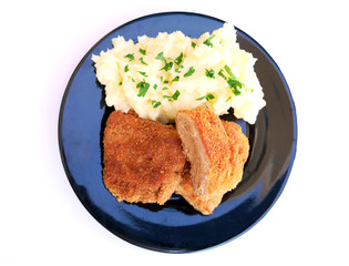 Soy schnitzel and mashed potatoes