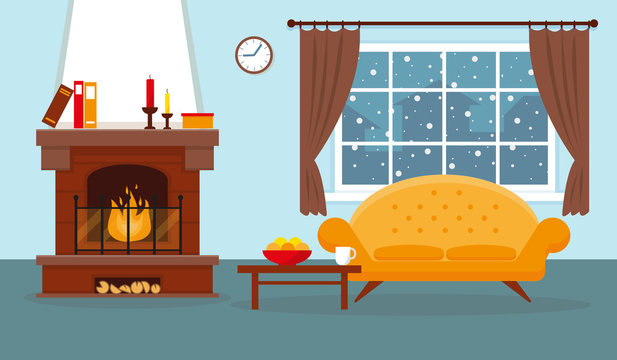 Cozy living room with window, fireplace and furniture. Vector interior design illustration.