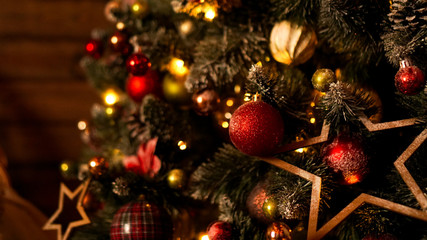 Happy Holiday. A beautiful wooden living room decorated for Christmas.