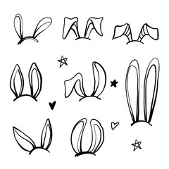 Set of rabbits s ears for decorating. Hand drawn linear isolates elements.