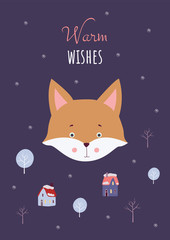 Christmas card with a fox. Fox on a purple background with trees, houses and snowflakes.
