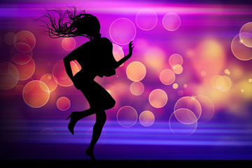 Fototapeta na wymiar Silhouette of dancing girl in night club with light background