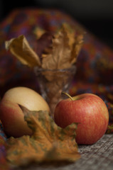 autumn still life with apples and leaves
