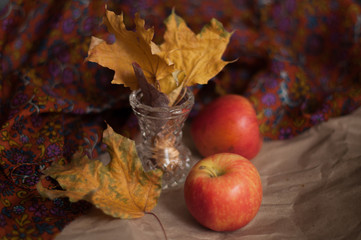 autumn still life with apples and leaves